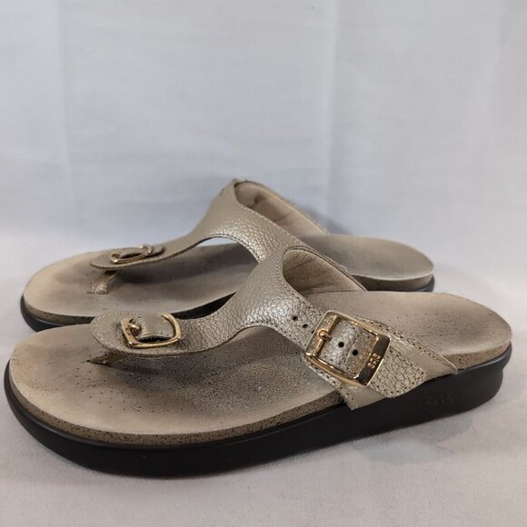 SAS Sanibel Flip Flop Thong Sandals Gold Women's 8.5 Nubuck Leather T-Strap Open - Picture 1 of 13
